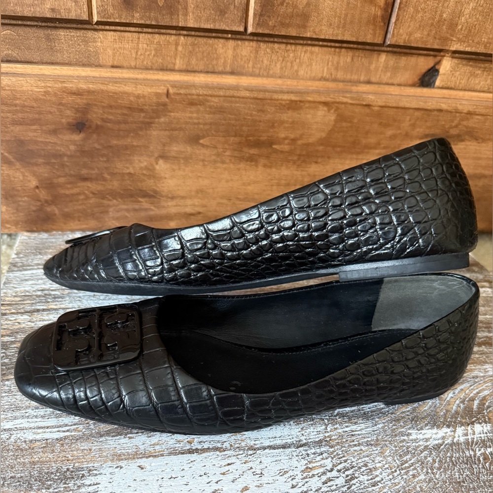Tory Burch Perfect Blk Georgia Ballet Flats‎ Croc Patent Leather Square Toe 8.5 - Picture 8 of 10